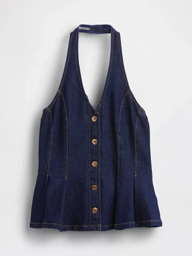 Blusa ajustada de mezclilla con cuello halter y peplum
