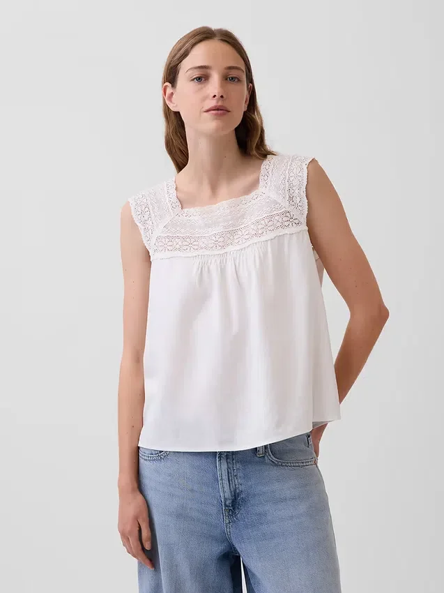 Blusa de cuello cuadrado de croché en mezcla de lino