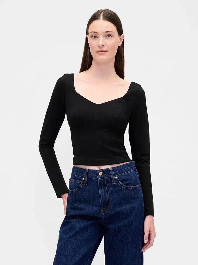 Blusa de doble tejido con escote corazón