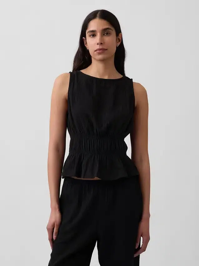 Blusa de gasa de algodón con peplum y cintura fruncida