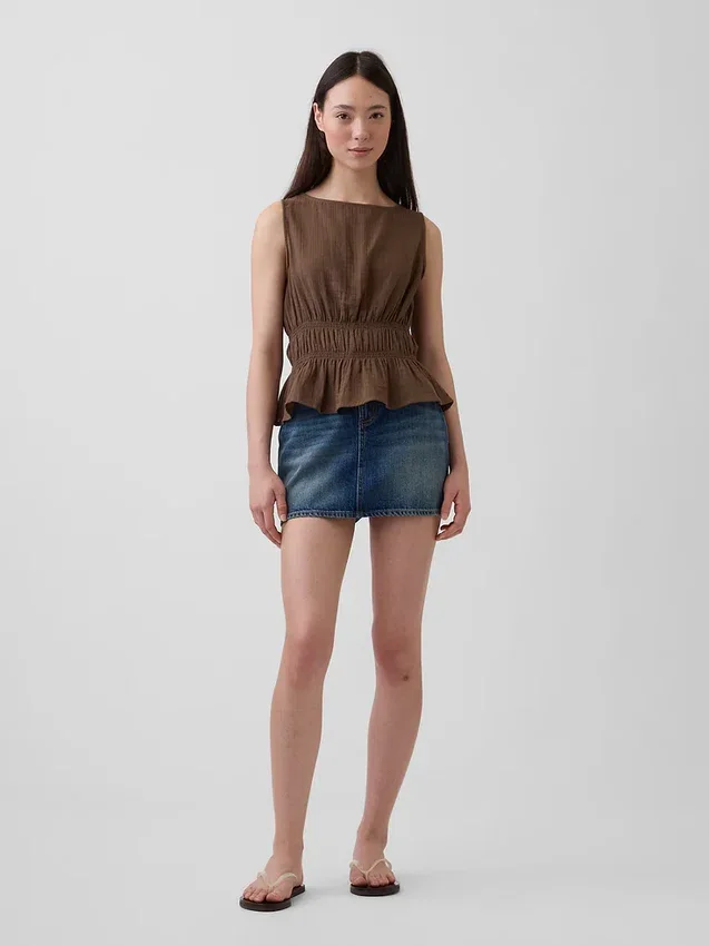 Blusa de gasa de algodón con peplum y cintura fruncida