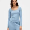 Blusa de pijama con ribete de encaje y patrón de mini acanalado