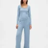 Blusa de pijama con ribete de encaje y patrón de mini acanalado