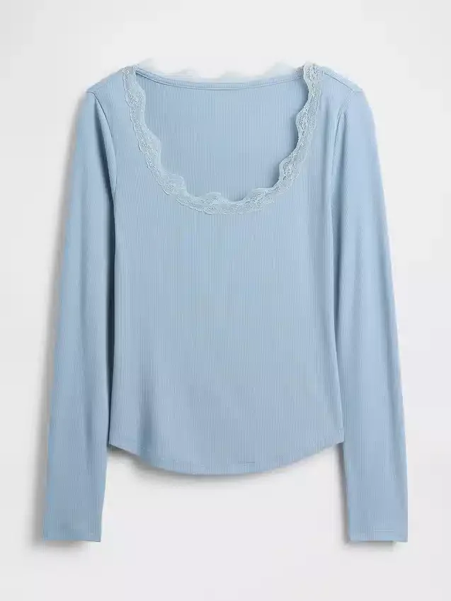 Blusa de pijama con ribete de encaje y patrón de mini acanalado