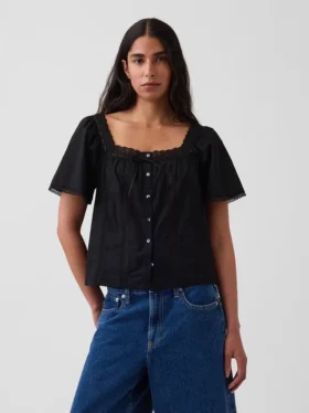 Blusa holgada de cuello cuadrado con ribete de encaje