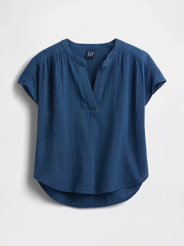 Blusa oversize de gasa de algodón con cuello abierto