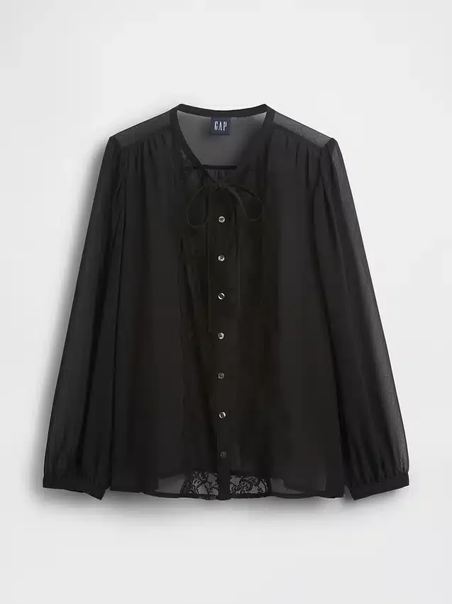 Blusa transparente con inserciones de encaje reciclado y cuello con lazo