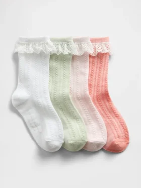 Calcetines cortos de punto calado con ribete de encaje para bebés y niños (paquete de 4)