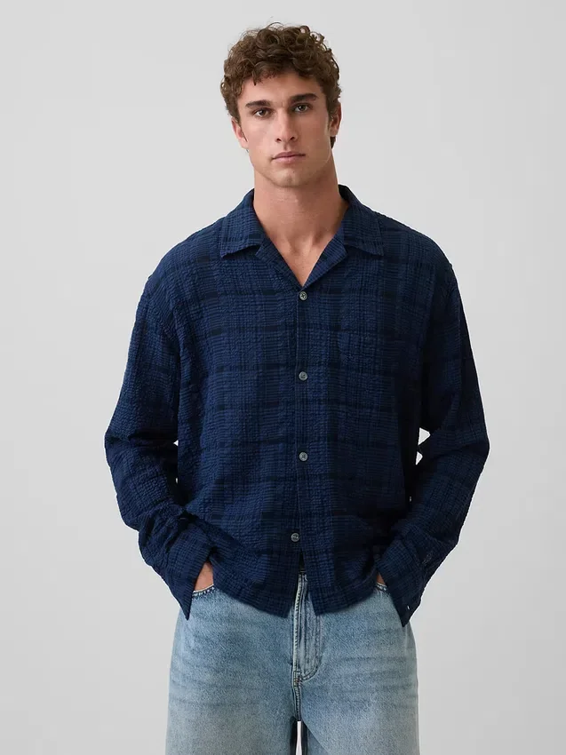 Camisas de seersucker de corte holgado con dobladillo recto