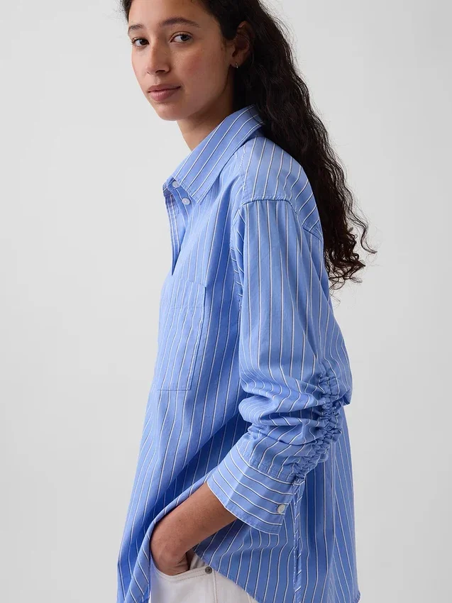 Camisas oversize de popelín de algodón orgánico con mangas fruncidas