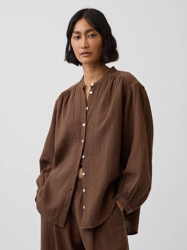 Camisas oversize sin cuello de gasa de algodón