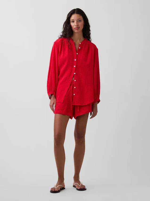 Camisas oversize sin cuello de gasa de algodón