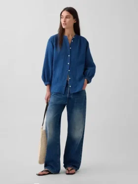Camisas oversize sin cuello de gasa de algodón vaquero