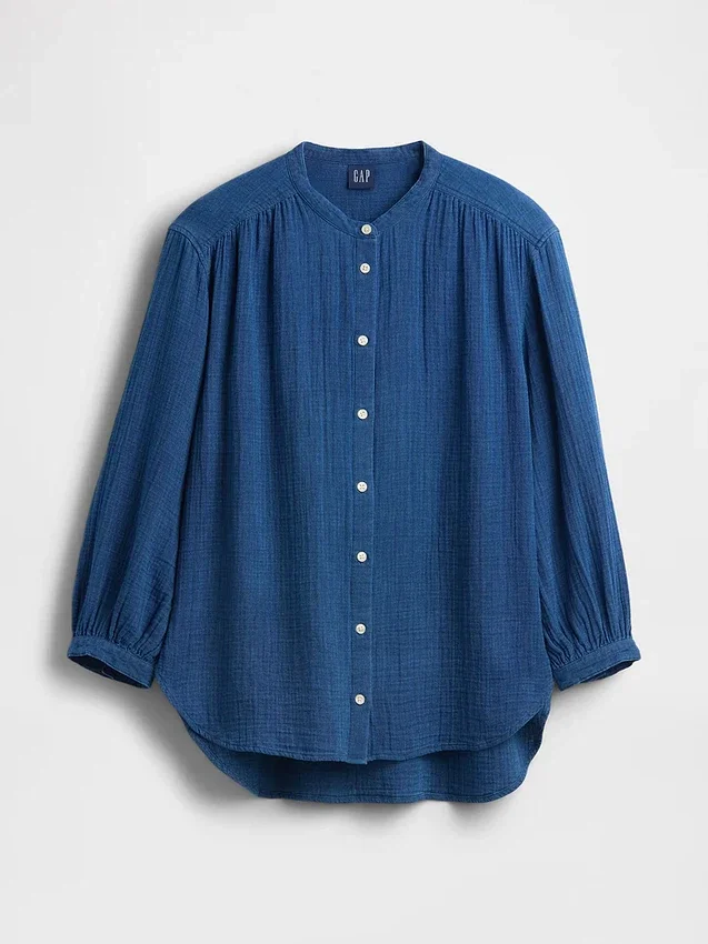 Camisas oversize sin cuello de gasa de algodón vaquero