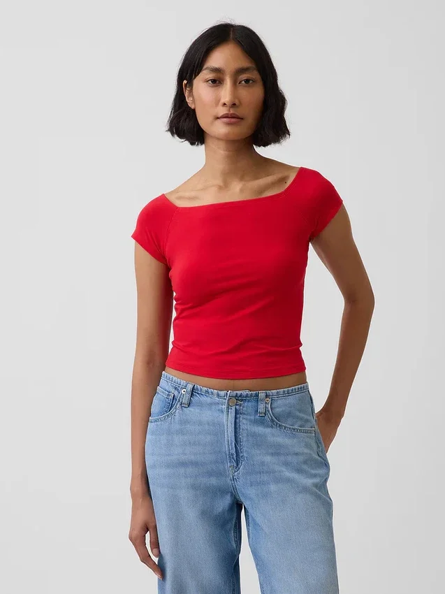 Camiseta corta de jersey de punto tupido con hombros al aire