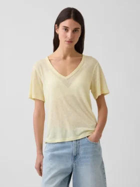 Camiseta holgada con cuello en V de mezcla de lino