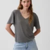 Camiseta holgada con cuello en V de mezcla de lino