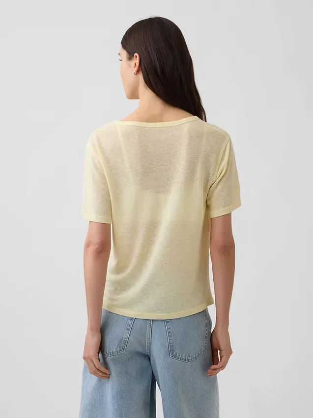 Camiseta holgada con cuello en V de mezcla de lino