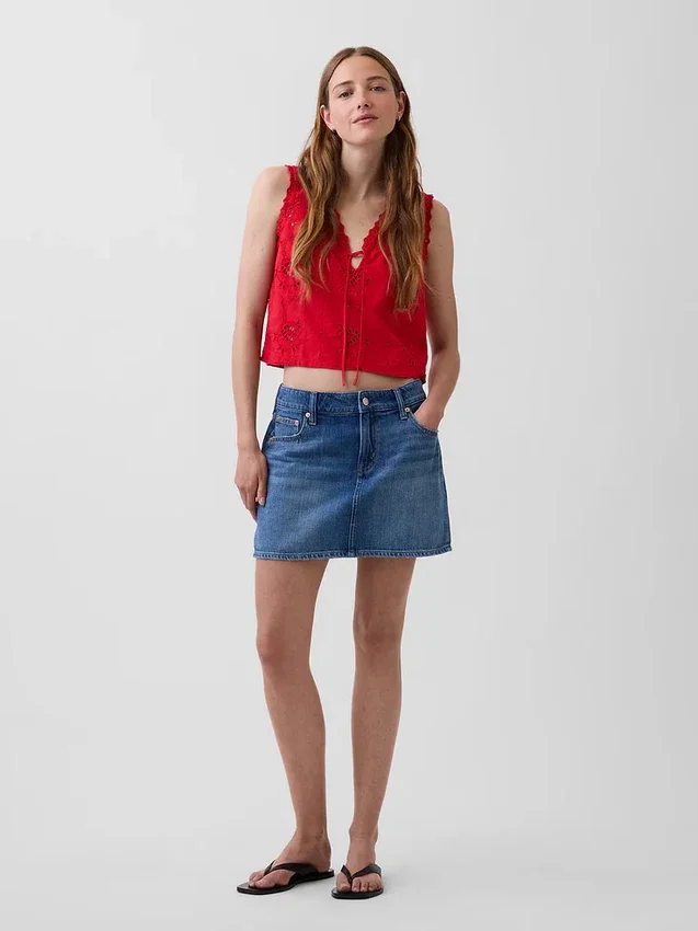 Camiseta sin mangas corta bordada de mezcla de lino