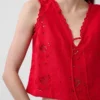 Camiseta sin mangas corta bordada de mezcla de lino