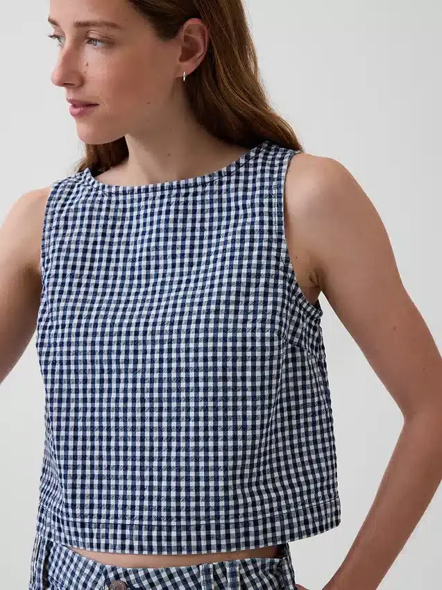 Camiseta sin mangas corta de denim con estampado de cuadros vichy