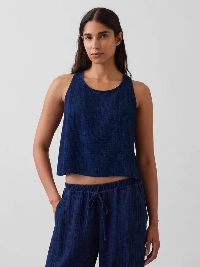 Camiseta sin mangas corta de denim de gasa de algodón