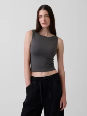 Camiseta sin mangas corta de jersey de punto tupido con cuello barco