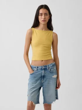 Camiseta sin mangas corta de jersey de punto tupido con cuello barco