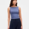 Camiseta sin mangas corta de jersey de punto tupido con cuello barco