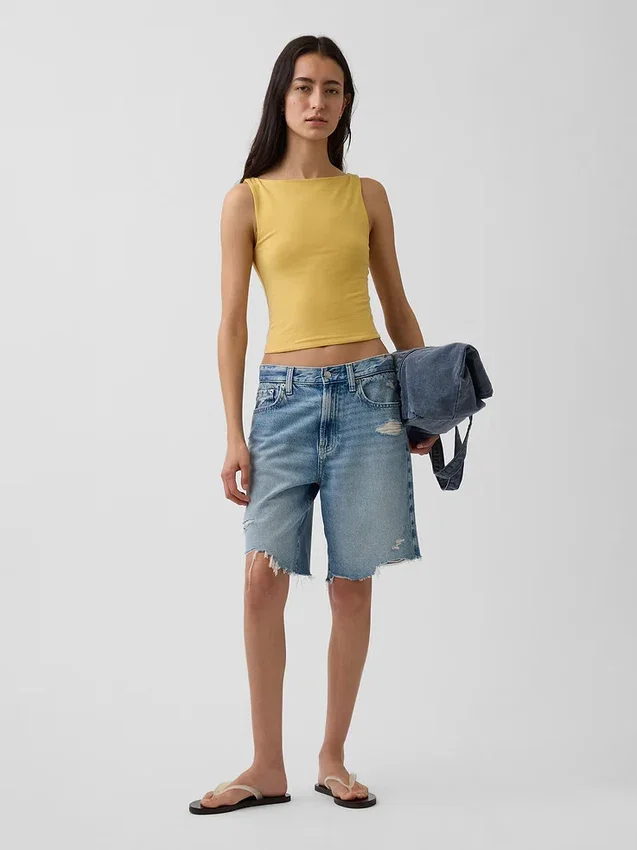 Camiseta sin mangas corta de jersey de punto tupido con cuello barco