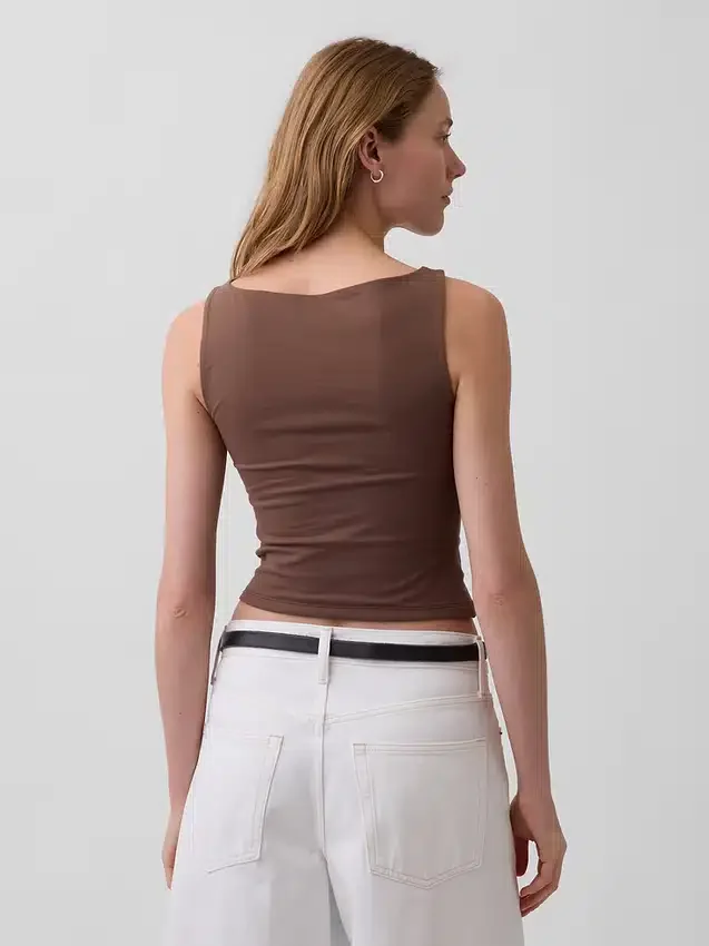 Camiseta sin mangas corta de jersey de punto tupido con cuello barco