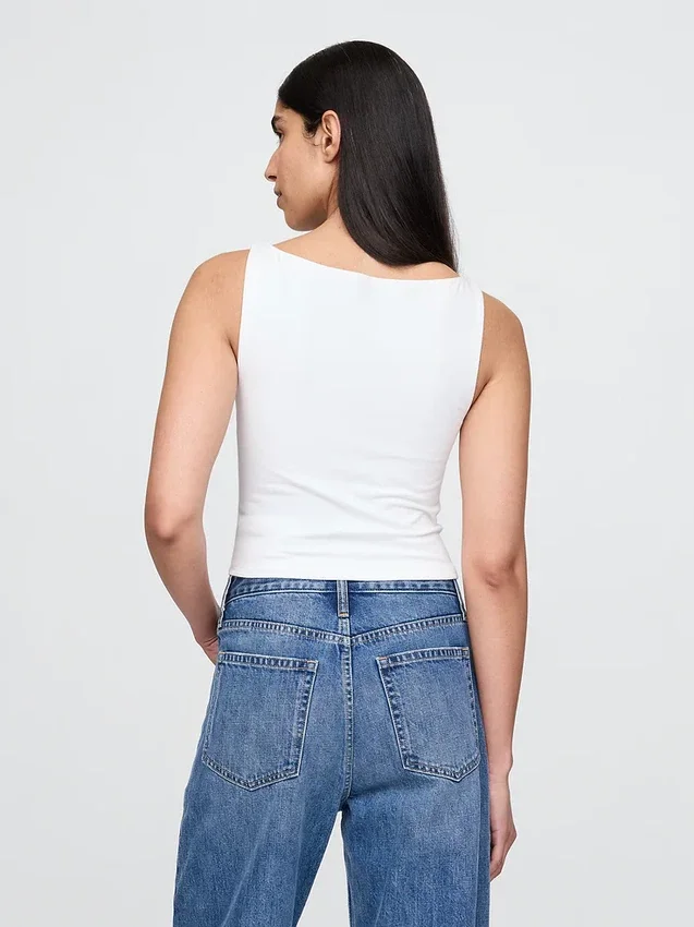 Camiseta sin mangas corta de jersey de punto tupido con cuello barco