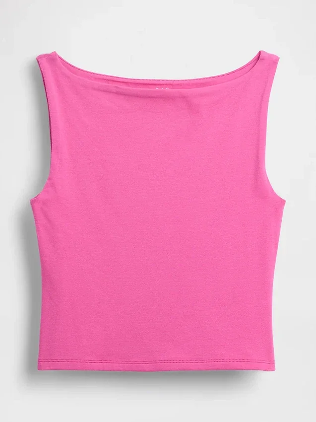 Camiseta sin mangas corta de jersey de punto tupido con cuello barco
