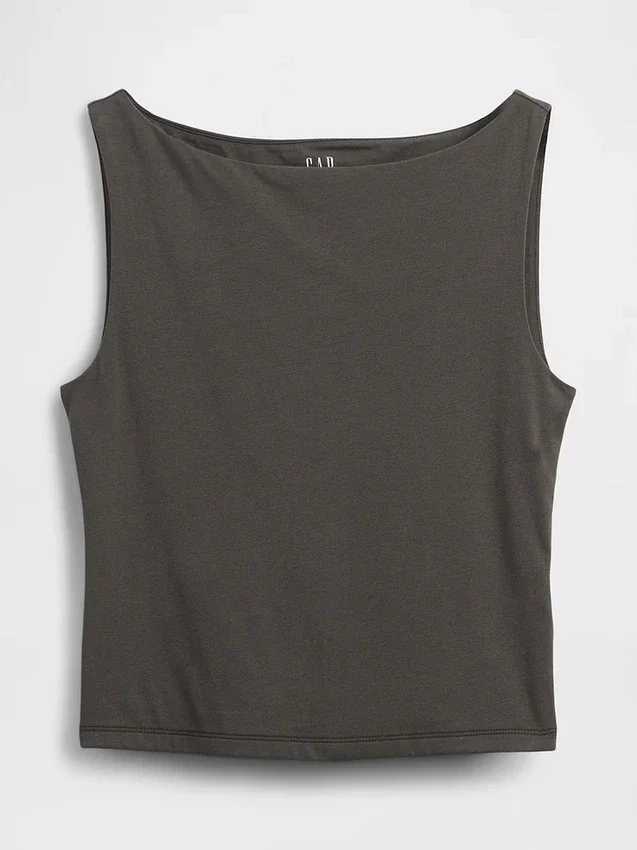 Camiseta sin mangas corta de jersey de punto tupido con cuello barco