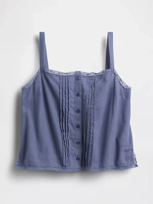 Camiseta sin mangas corta de pijama con pliegues en mezcla de lino