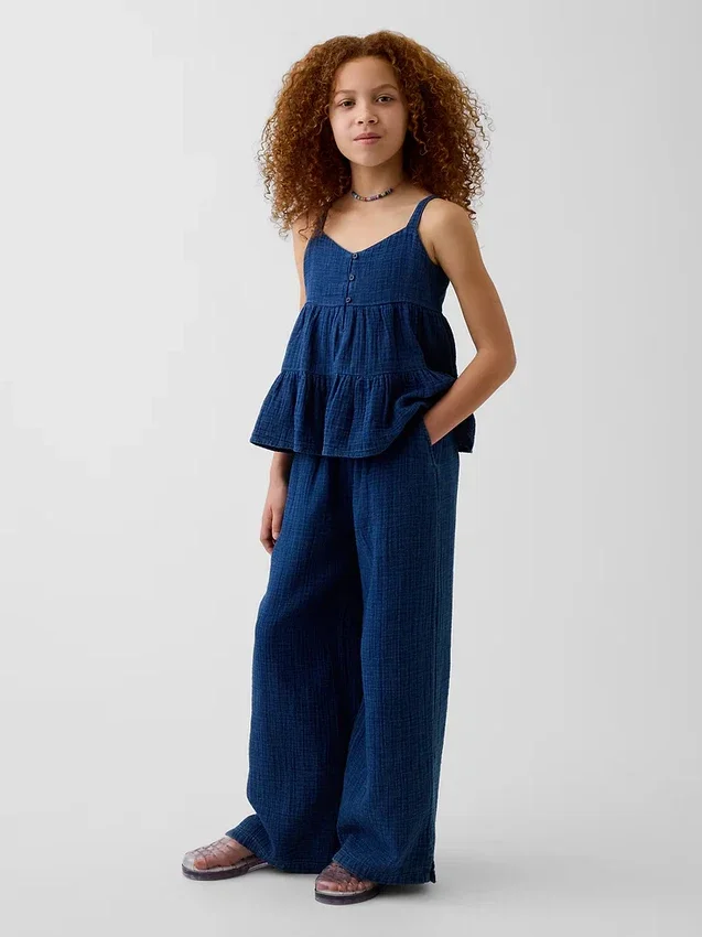 Camiseta sin mangas de gasa de algodón para niños con volantes
