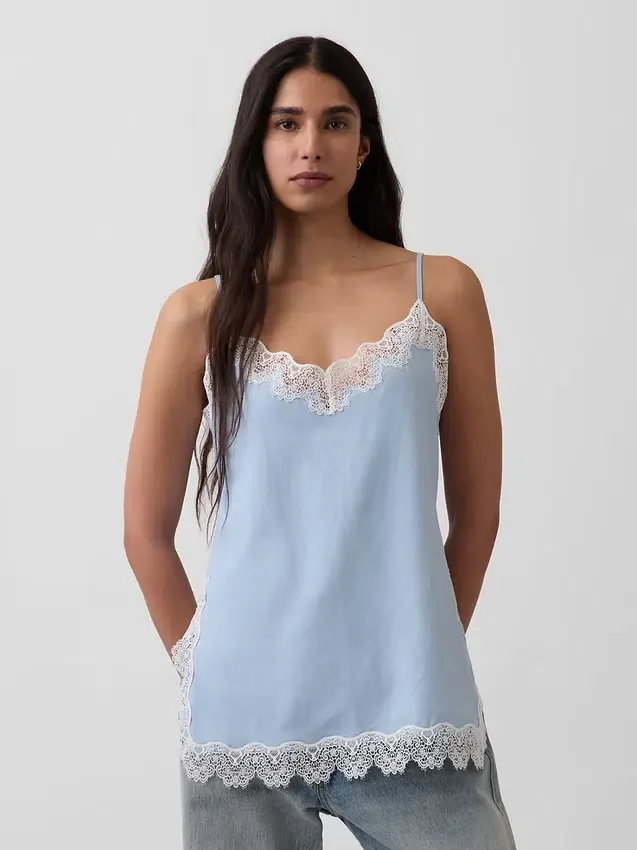 Camiseta sin mangas de mezcla de lino con ribete de encaje