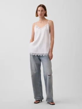 Camiseta sin mangas de mezcla de lino con ribete de encaje