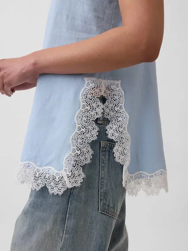 Camiseta sin mangas de mezcla de lino con ribete de encaje