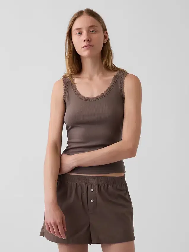 Camiseta sin mangas de pijama con ribete de encaje y costuras finas