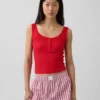 Camiseta sin mangas de pijama tipo Henley con encaje de canalé fino