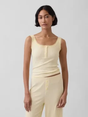 Camiseta sin mangas de pijama tipo Henley con encaje de canalé fino