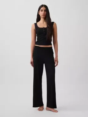 Camiseta sin mangas de pijama tipo Henley con encaje de canalé fino