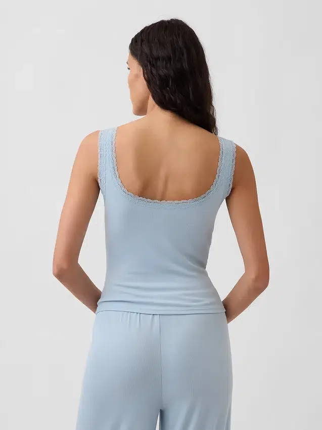 Camiseta sin mangas de pijama tipo Henley con encaje de canalé fino