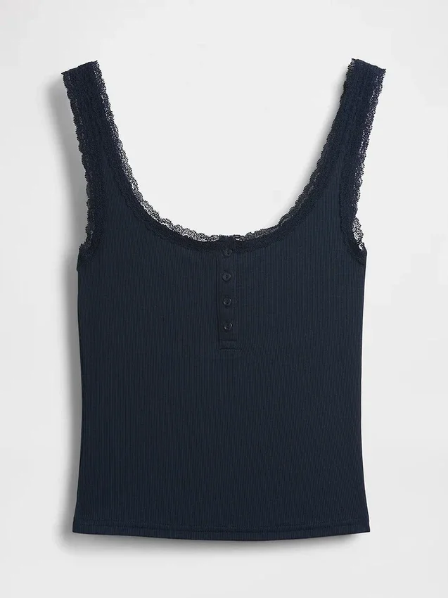 Camiseta sin mangas de pijama tipo Henley con encaje de canalé fino