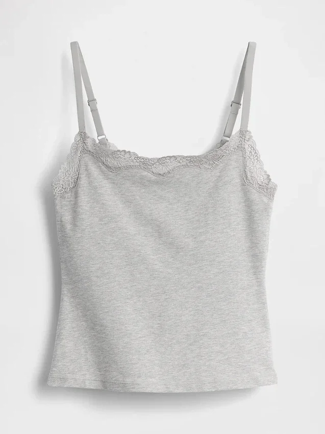Camiseta sin tirantes con sujetador incorporado de algodón orgánico elástico y ribete de encaje