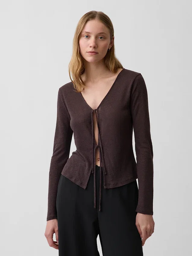Cardigan con lazo delantero de mezcla de lino