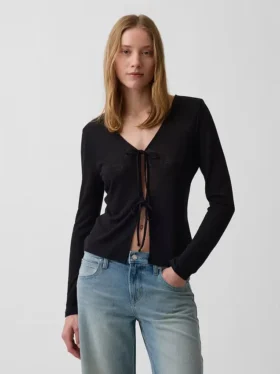 Cardigan con lazo delantero de mezcla de lino