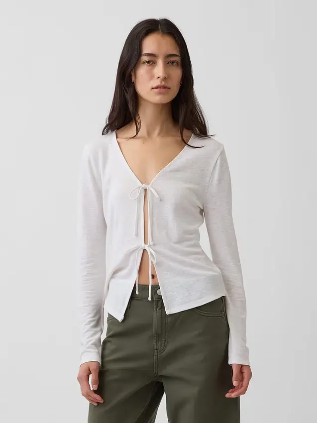 Cardigan con lazo delantero de mezcla de lino