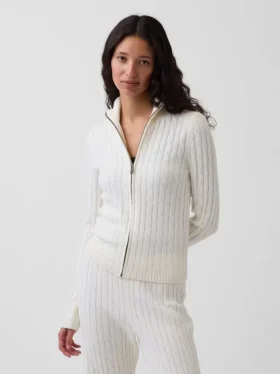 Cardigan corto con cremallera y tejido trenzado CashSoft